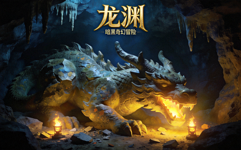 龙渊游戏封面图，画面为幽深洞窟中的龙形雕塑与火光