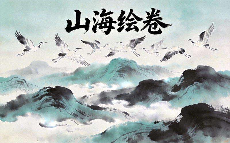山海绘卷游戏封面图，画面为水墨风格的山峦与飞鸟