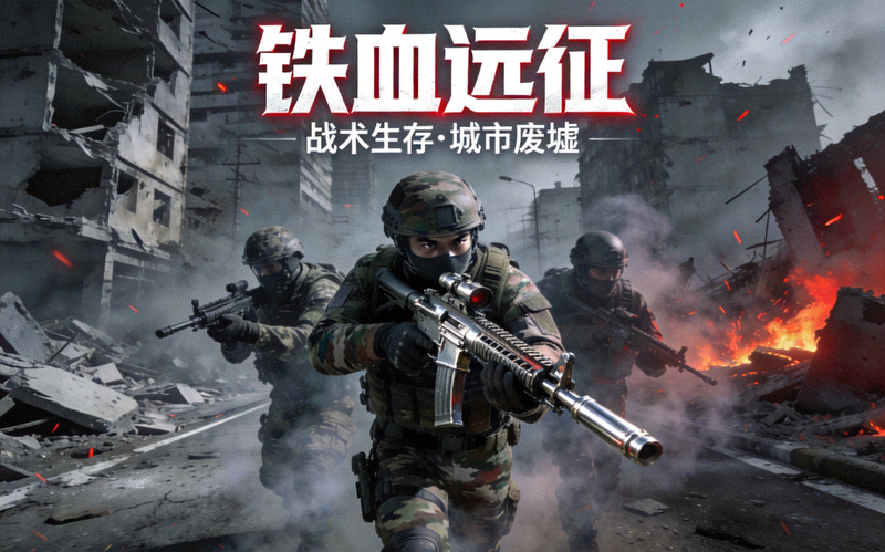 铁血远征游戏封面图，画面为战术小队在废墟城市中推进