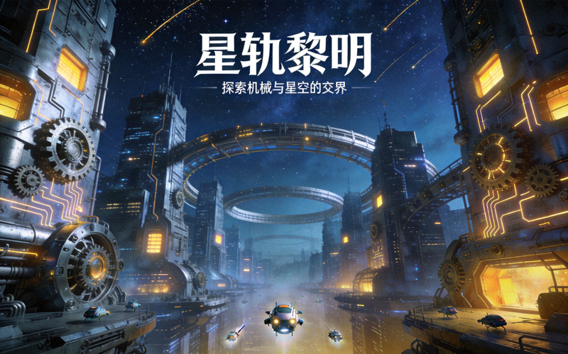 星轨黎明游戏封面图，画面为星空下的机械城市场景